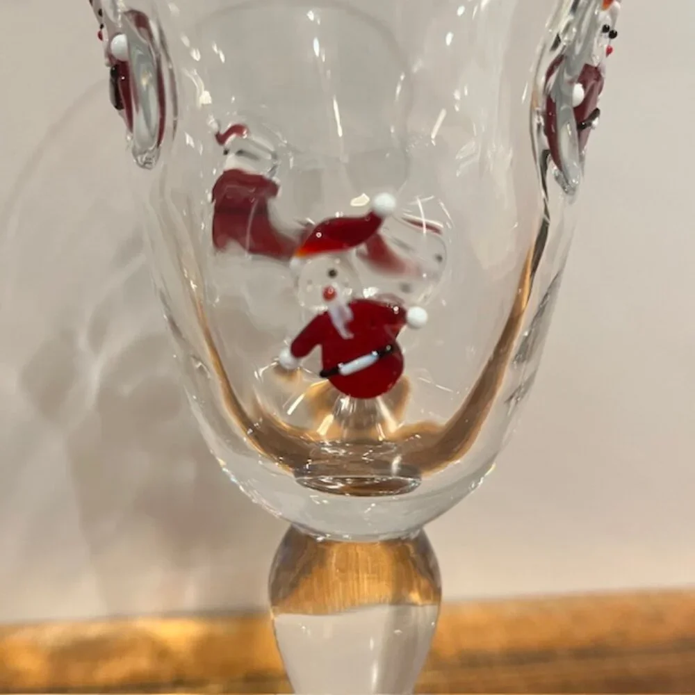 Set of (2) Crate & Barrel 8oz Blown Glass Fused Snowmen Santa Wine Goblet Glass